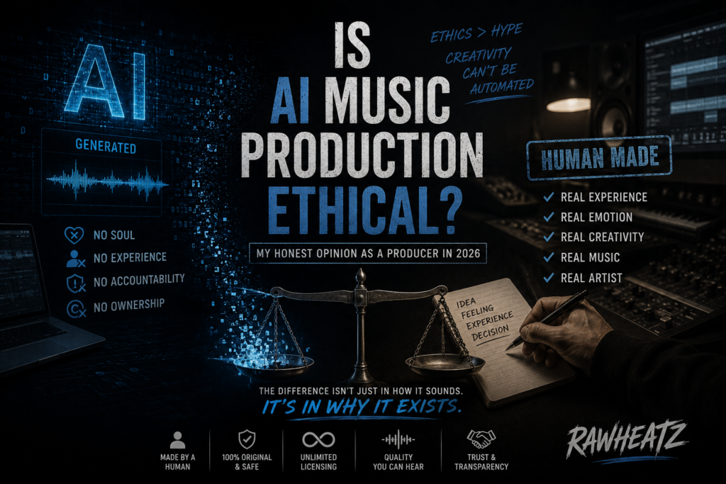 Dark cinematic graphic comparing AI-generated music and human-made music production with blue neon accents, balancing scales, and studio imagery.