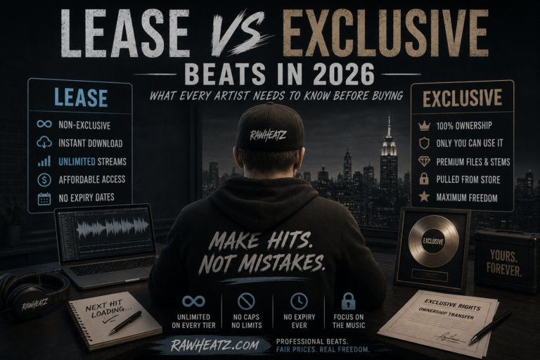 Cinematic “Lease vs Exclusive Beats in 2026” graphic showing a music artist in a dark studio comparing unlimited beat leasing and exclusive rights licensing.