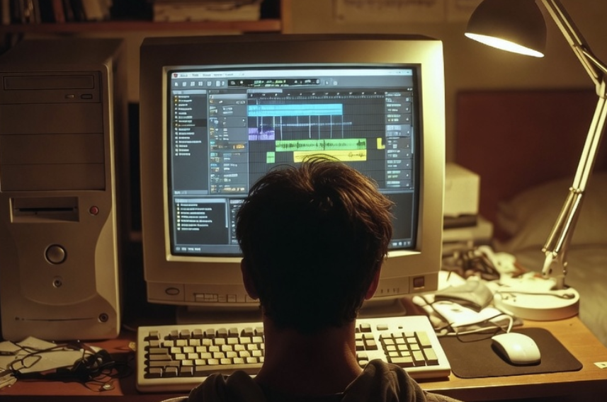 A 19-year-old aspiring music producer sitting from behind in a dimly lit bedroom in Poland, focused on an old CRT monitor displaying Cakewalk Sonar. The modest setup captures the early days of self-taught music production with nothing but passion and a cracked copy of the software.