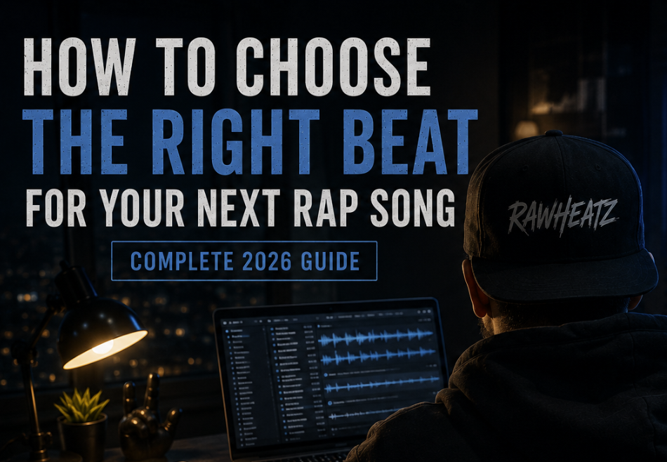 How to Choose the Right Beat for Your Next Rap Song (Complete 2026 Guide) Dark cinematic studio scene with a rapper choosing beats on a computer while waveform visuals and moody blue lighting fill the room.