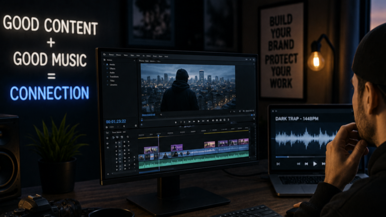 Content ID vs Copyright Strike: How to Use Licensed Beats on YouTube Without Losing Your Channel in 2026 Producer working late at a desk editing a video timeline while a dark trap beat waveform plays on a monitor, creating a relaxed cinematic content creator atmosphere.