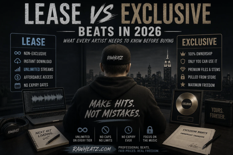 Cinematic “Lease vs Exclusive Beats in 2026” graphic showing a music artist in a dark studio comparing unlimited beat leasing and exclusive rights licensing.