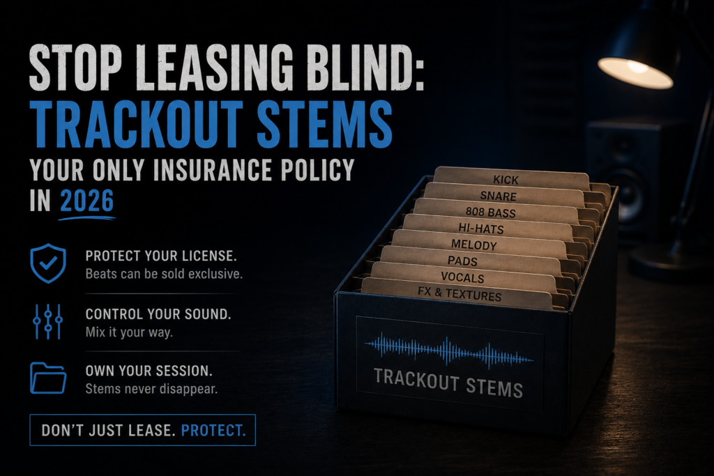 Stop Leasing Blind: Trackout Stems as Your Insurance Policy in 2026 Dark minimalist studio-themed graphic promoting trackout stems for beat licensing in 2026, featuring organized stem folders, bold blue-and-white typography, and a clean black background.