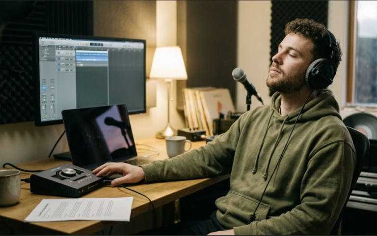 A music producer or artist sitting in a calm home studio, wearing headphones with eyes closed, listening to a beat. A laptop, monitor showing audio software, microphone, and a printed licensing agreement sit on the wooden desk.